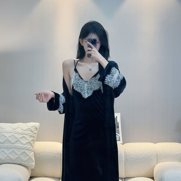 A woman models a black lace gold velvet embroidered long sleep dress with backless design and tie belt robe set, perfect for ...