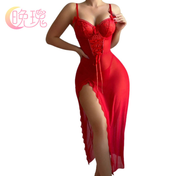 Sexy red lace sheer mesh long nightgown with slit and adjustable straps, perfect for womens sleepwear.