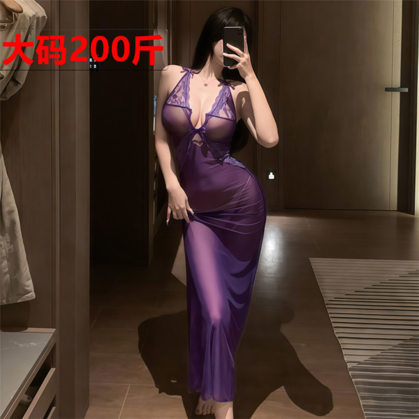 Woman wearing purple lace deep v sheer mesh sleep dress with bow-tie straps, sexy long nightgown set for women.