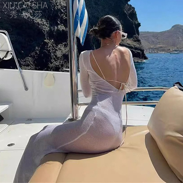 Sexy backless beach dress for women, summer vacation long sleeve sheer cover-up dress with tropical style, perfect for sunny ...