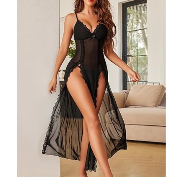 Long sheer lace evening dress with high slit, sexy mesh design, elegant and sensual look, perfect for evening wear.