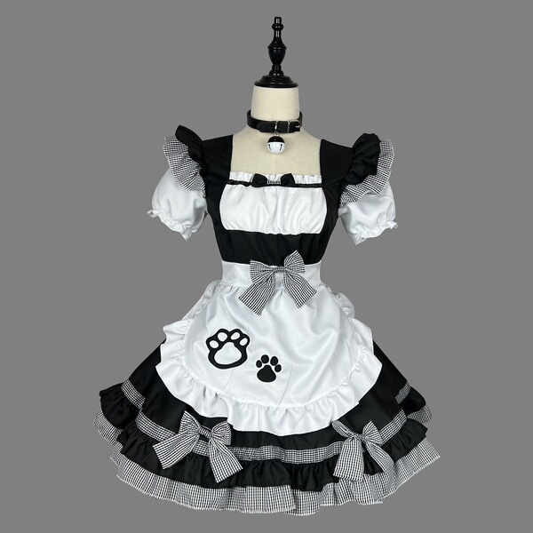 Cute maid costume cosplay dress featuring black and white checkered ruffles, paw prints, and a collar, perfect for anime cat ...