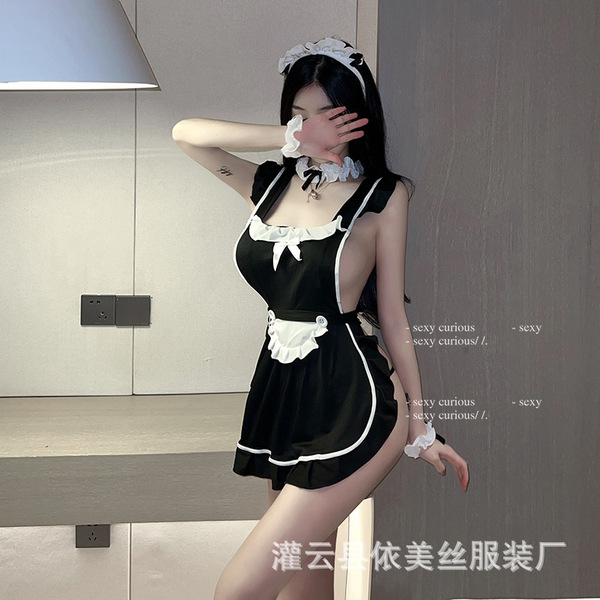 Sexy maid costume with black and white design, featuring a plunging neckline and apron detail, perfect for women seeking allu...