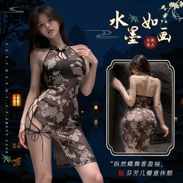 Sheer lace qing dynasty silk cheongam lingerie, sheer lace pure-yu sleep dress & uniform set
