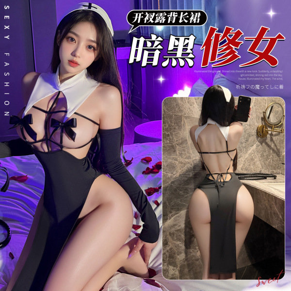 Woman modeling black nun costume bodysuit with lace cut-outs, backless halter design, and high side slit.