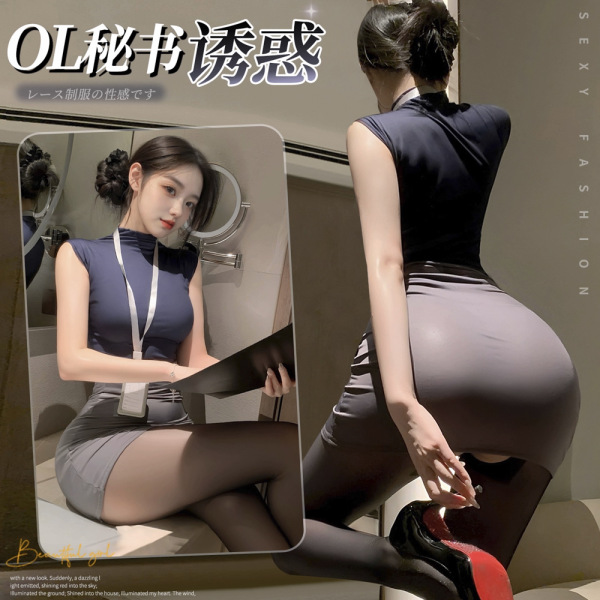 Woman wearing mannyan sexy lingerie set – pure & tempting secretary outfit with pencil skirt and matching sleep dress, posing...