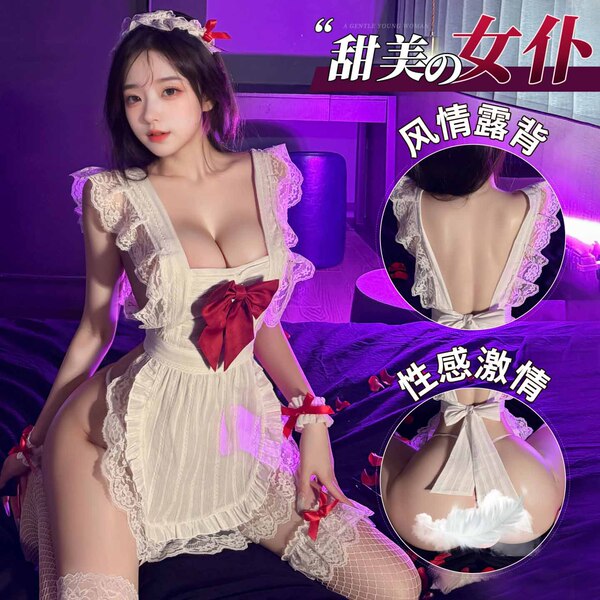 Woman modeling mannyan sexy maid costume set with sheer low-cut top, red bow, detachable skirt and thong for roleplay.