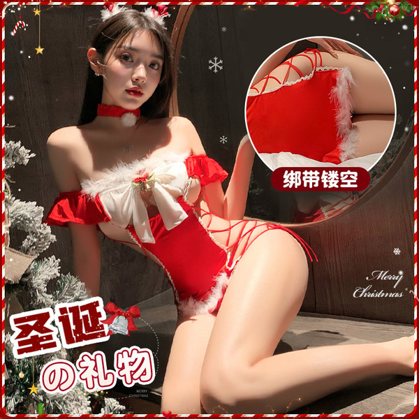 Mannyan new year lingerie set - red sexy bodysuit with lace cutouts & tied waist sleep dress featuring festive design and coz...