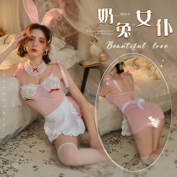 Sexy lace sheer costume with bunny ears, perfect for women seeking allure and charm in sleepwear.
