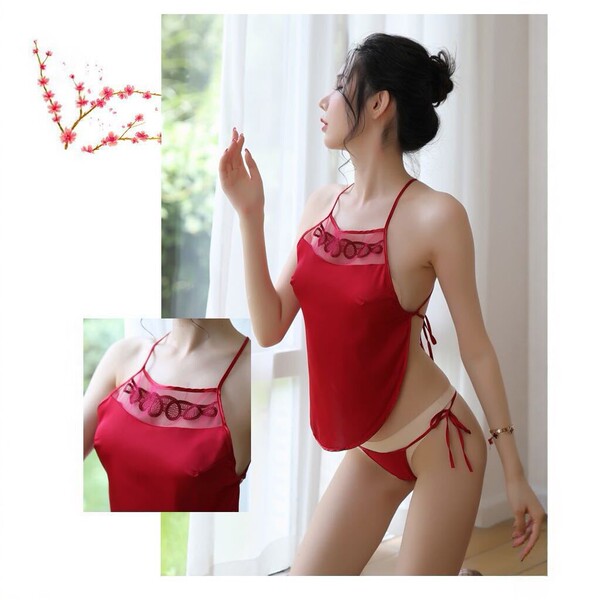 Woman modeling red mannyqing sexy lingerie set with embroidered bodice, halter neck, and tied waist detail.