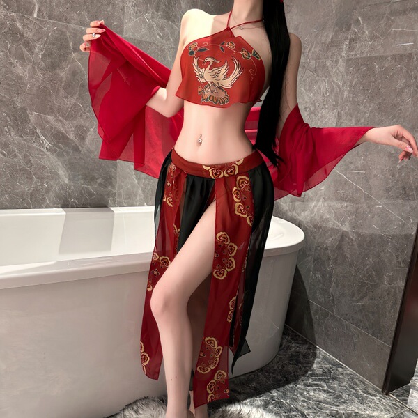 Sensual night silk hanfu lingerie set featuring a flying immortal design, combining elegance with allure in a cheongsam-inspi...