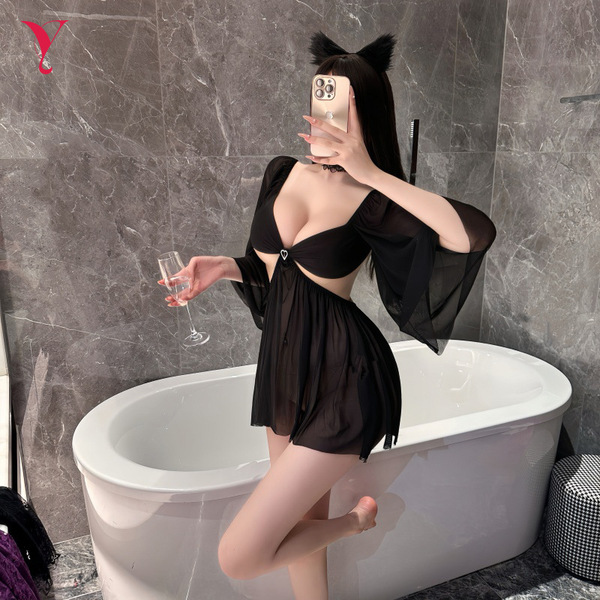 Sexy black sheer mesh sleep dress with open-crotch design, perfect for nightwear. features long sleeves and cat ears headband...