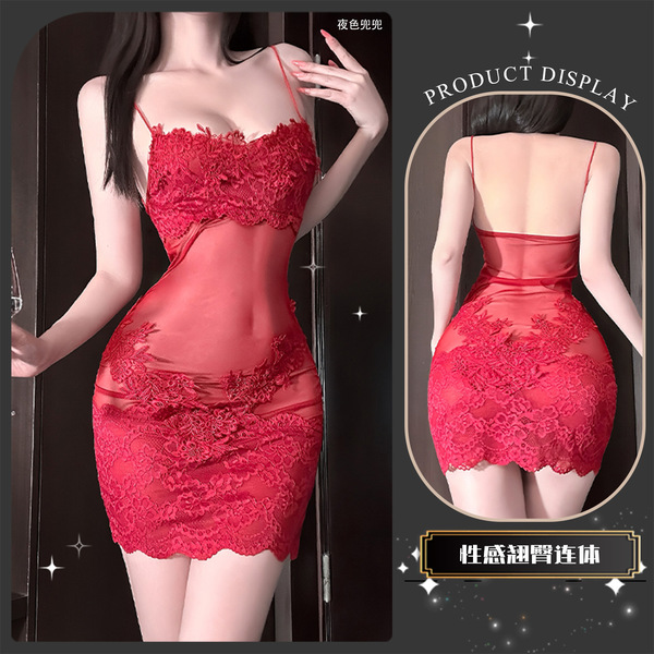 Sexy red lace chemise dress with sheer fabric, adjustable straps, bodycon fit, perfect for evening wear.