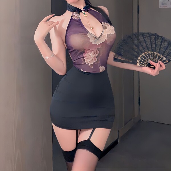 A stylish plus-size outfit featuring a red qipao mini skirt with floral patterns, paired with black stockings and a decorativ...