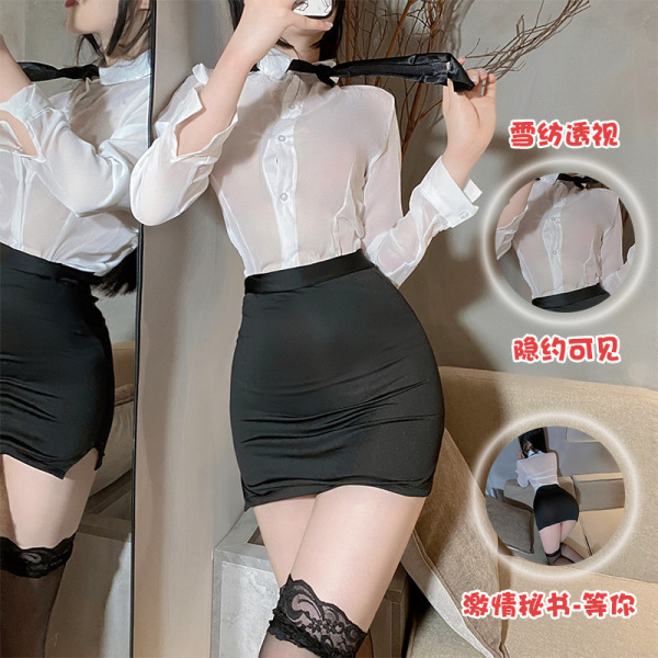 Woman modeling a plus size seductive office outfit featuring a sheer white blouse and black pencil skirt, styled like a secre...
