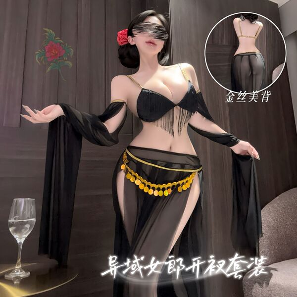 Model wearing black plus size sensual lingerie set with gold accents, sheer sleeves and skirt – exotic elegant sleepwear for ...