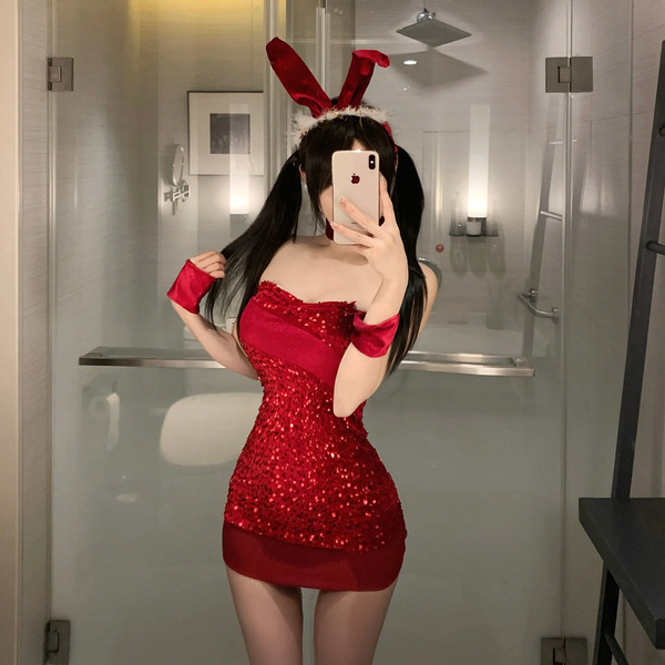 Sexy red sequined bodysuit with matching skirt and bunny ears, perfect for holiday parties and date nights. plus size festive...