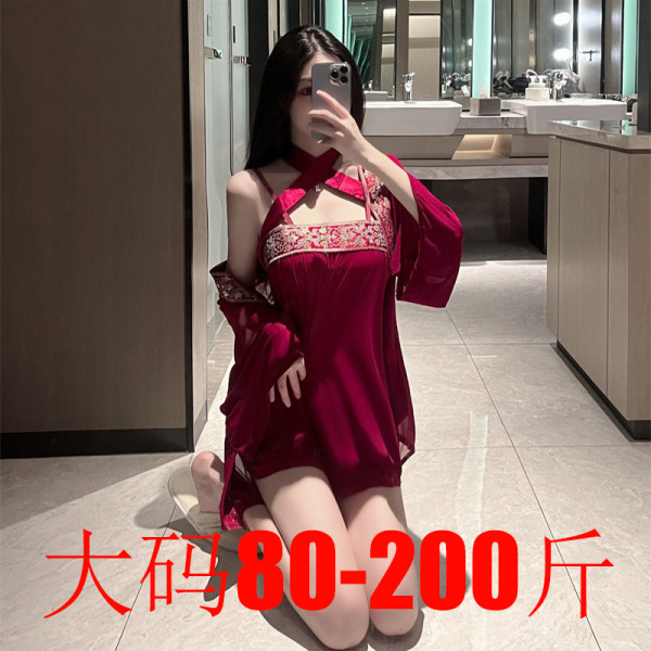 Woman in red plus size nurse costume set with hanfu and jk inspired styles, featuring no-remove design for women.
