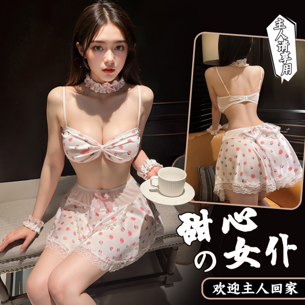 Woman modeling a white polka dot floral maid outfit with adjustable ties, featuring a sweet chef-style top and matching skirt...