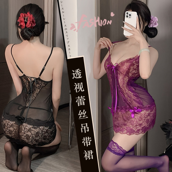 Woman modeling sheer lace babydoll nightgown with adjustable straps, shown in black and purple, elegant and seductive design.