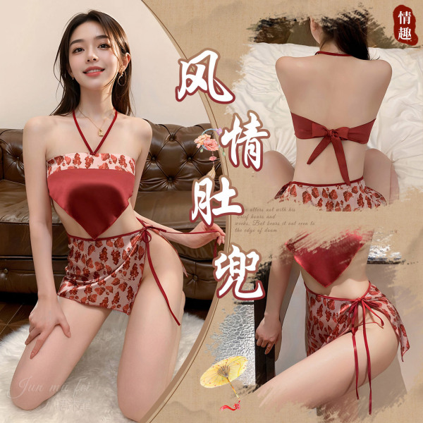 Woman modeling red floral lingerie bodysuit with tie details, front and back views, on plush rug beside leather sofa.