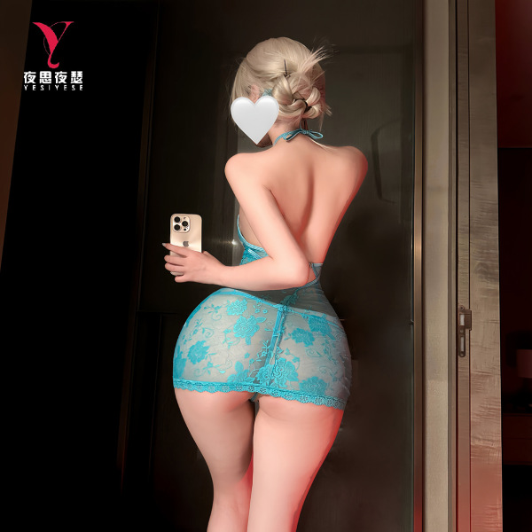 Woman in purple lace sleep dress, back view, holding phone, playful nightwear for small bust.
