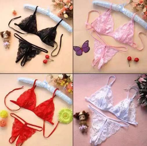 Qingran lace thong bra set in black, pink, red, and white - sheer open-crotch erotic lingerie two-piece outfit for women.