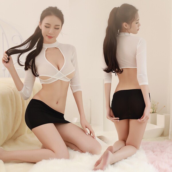 Qingran sexy secretary costume set featuring elegant european-style lingerie with a white crop top and black mini skirt, perf...
