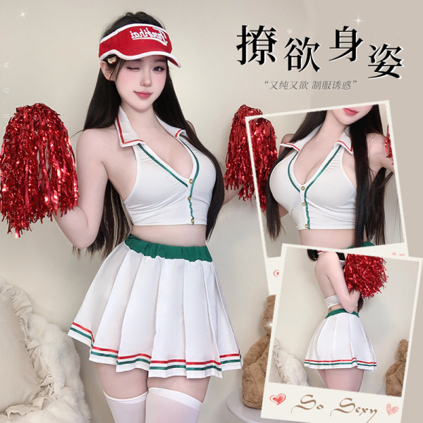 Woman in qingruohan sexy lingerie set – pure & bold cheerleader costume, white top with green trim, pleated skirt, red pom-po...