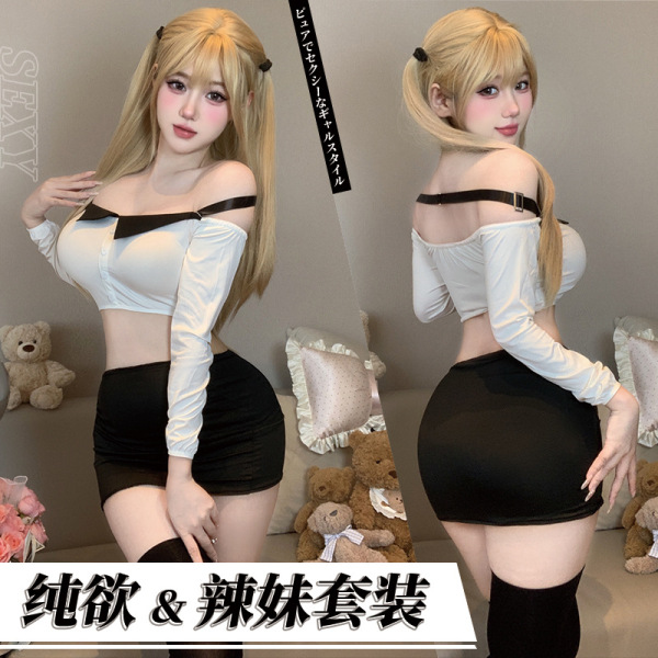 Model wearing qingruohan sexy lingerie set: white off-shoulder top, black mini skirt, thigh-highs. pure & tempting bodycon dr...