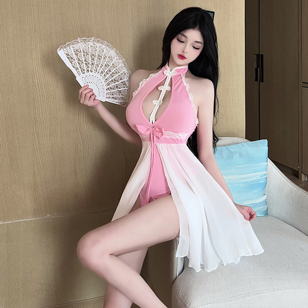 Woman in pink qingruohan silk qipao lingerie set with lace fan, posing seductively on sofa — vintage chinese-style bodysuit c...