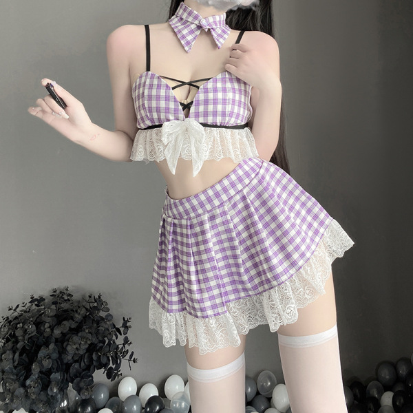 Purple gingham lingerie set with lace trim, bow tie, and thigh-high stockings for playful role play.
