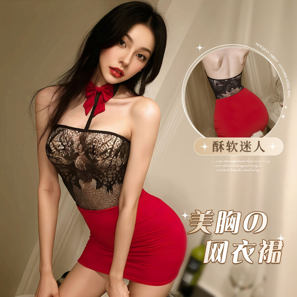 Woman wearing qqny pure temptation lingerie set – red lace mesh dress with bow choker, form-fitting bedside secretary skirt s...