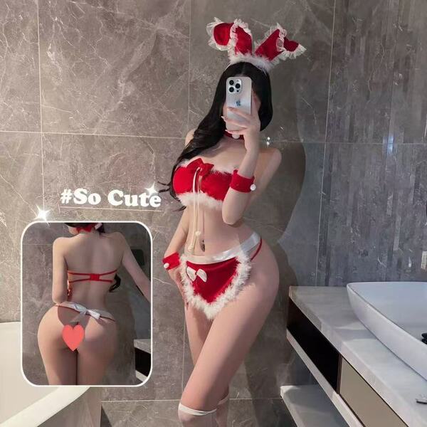 Red new year bunny lingerie set - sexy no-remove rabbit girl bodysuit & matching accessories, featuring festive red and white...