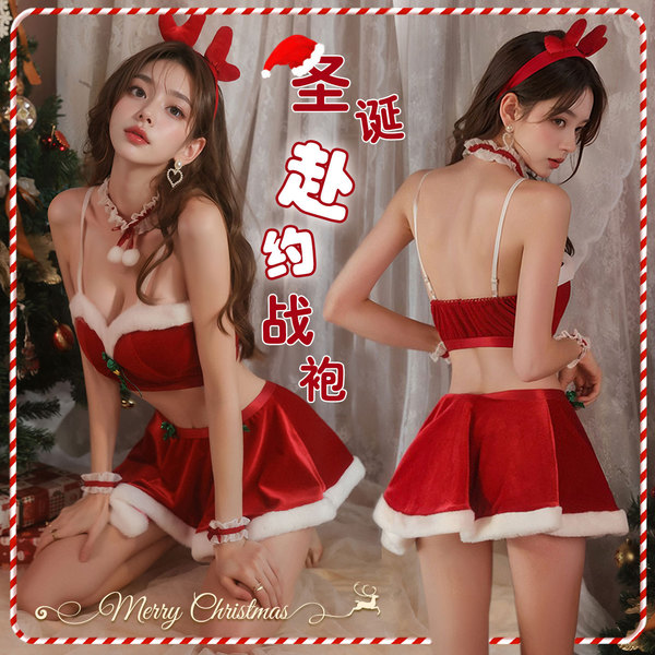 Sexy rudolph-themed christmas lingerie set with santa clauses, holiday outfit for women, no-remove naughty sleepwear
