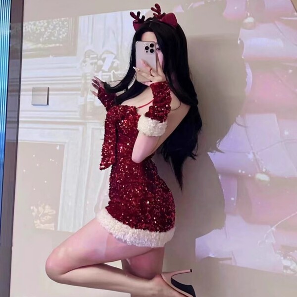Sexy red sequin nightgown with reindeer antlers headband, perfect for festive role play outfits.