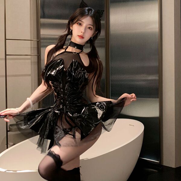 Seductive devil-themed lingerie dress - open-crotch bondage style pvc mini dress for couples, featuring black cats ears and t...