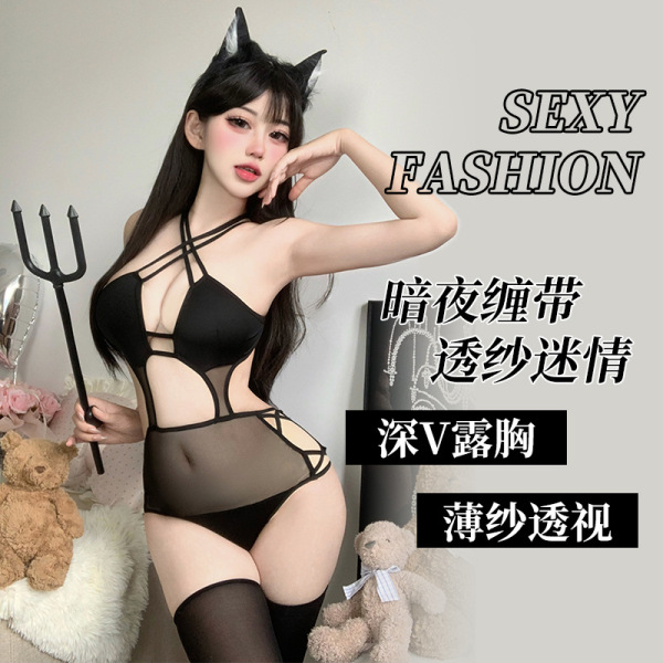 Seductive devil-themed lingerie set: sheer mesh halter bra & panty outfit with cat ears and trident accessory.