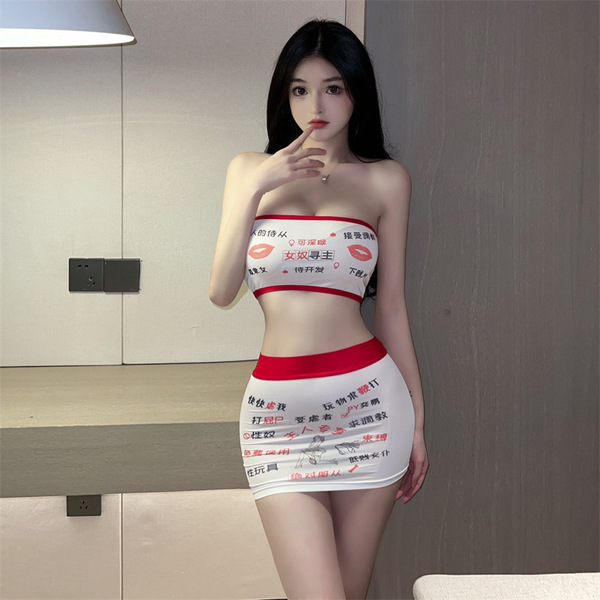 Seductive lace bodysuit and micro mini skirt set with bold red accents, designed for passionate play.