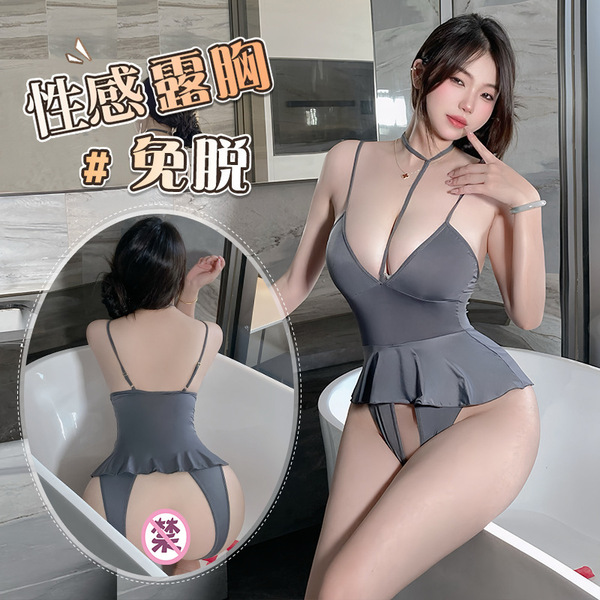 Sensual lace sleepwear set featuring plunging neckline and ruffled design, perfect for intimate nights with couples.