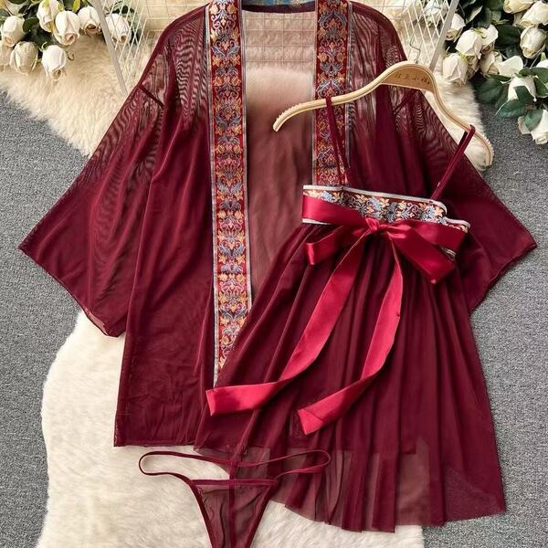 Sensual sheer lingerie sleep gown set featuring vintage chinese style hanfu design with floral patterns, elegant bow tie deta...