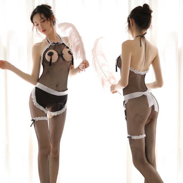 Woman modeling sensual sheer mesh bodysuit with backless neck-hanging design, white lace trim, and feather accessory.