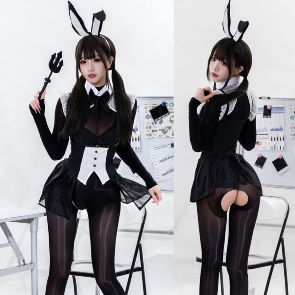 Sexy bunny costume for women - seductive sheer lace bodysuit, tight-fit playful cosplay outfit featuring bunny ears and playf...