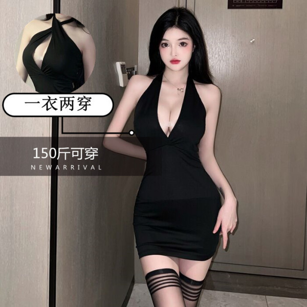 Sexy black deep v-neck bodycon mini dress with halter straps, shown on model and mannequin—plus size club outfit for curvy wo...
