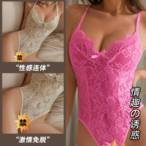 Sexy lace bodysuit with open-crotch design, sheer and breathable erotic lingerie set for women in white and pink options.