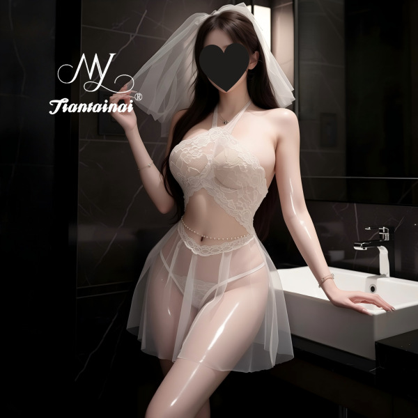 Woman in sheer lace bridal lingerie set with veil, posing in bathroom. sexy sleep dress for women – intimate no-remove outfit...