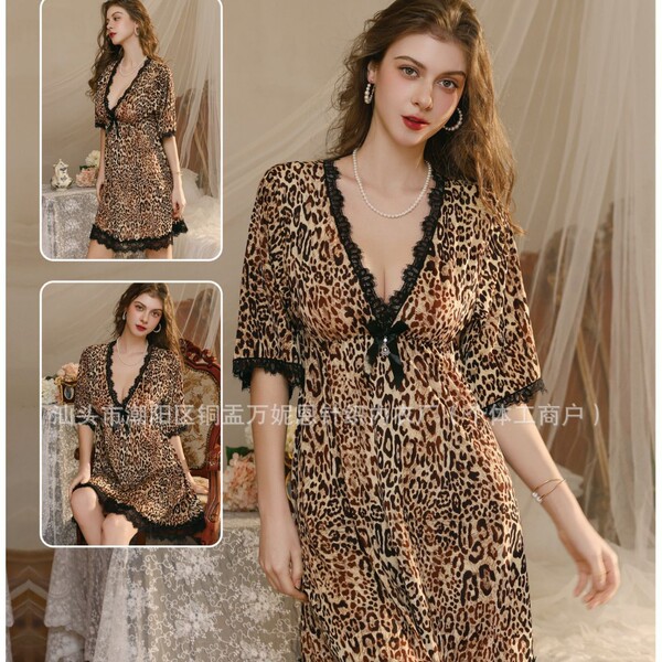 Sexy leopard print romper sleeprobe for women - plus size lace trim lounge robe, elegant at-home wear