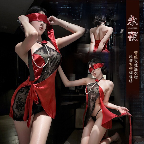 Elegant red lace dress with pearl necklace, featuring a blindfold design for an intimate look. perfect for evening wear or sp...