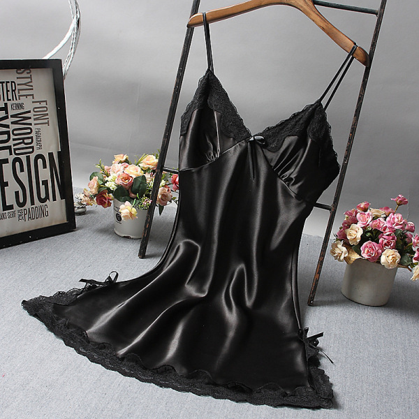 Black lace cami lingerie sleepwear for women, displayed on a hanger with floral decor.