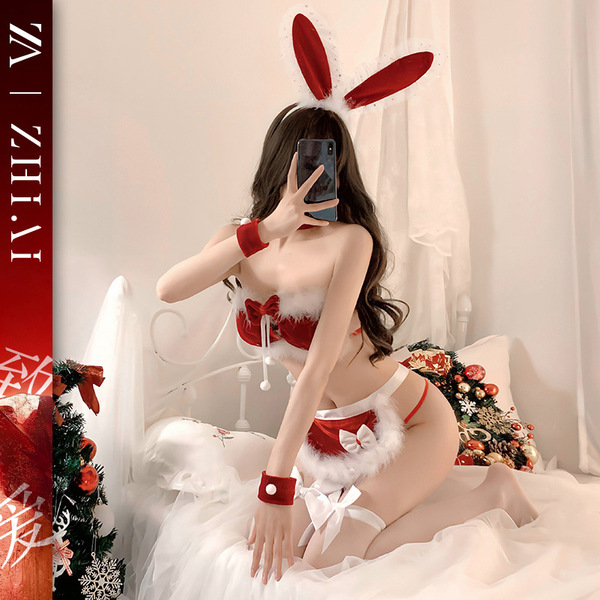 Sexy maid christmas costume for women - cute bunny girl lingerie set, naughty holiday outfit with bow & tail